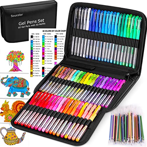 Soucolor 60 Colored Gel Pens for Adult Coloring Books, Deluxe 120 Pack- 60 Refills and Travel Case, with 40% More Ink Markers Set for Drawing Journaling Scrapbooking Art Kit Supplies - Black