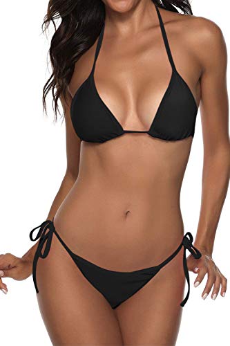 Women Two Piece Swimsuit Sexy Swimwear Halter String Triangle Bikini Sets - Small - Black