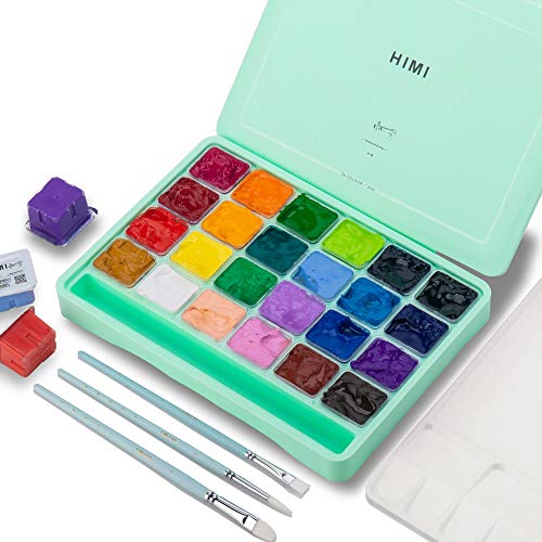 HIMI Gouache Paint Set, 24 Colours x 30ml with 3 Brushes & a Palette, Unique Jelly Cup Design, Non-Toxic, Guache Paint for Canvas Watercolour Paper - Perfect for Beginners, Students, Artists(Green) - green