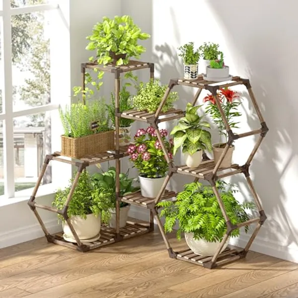 Allinside Corner Plant Stand Indoor, 8-Tier Corner Shelf Stand Wooden Outdoor Plant Holder for Multiple Plants Large Hexagon Ladder Flower Stand, Perfect for Window Balcony Living Room Hallway Garden