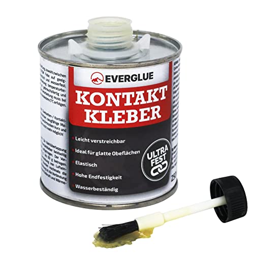 Everglue Kontaktkleber in der Dose mit integriertem Pinsel ist wasserfest, extra stark und elastisch - klebt Schuhsohlen, Leder, Metall, auch geeignet für Schlauchboote und LKW-Planen (250g) - 250g