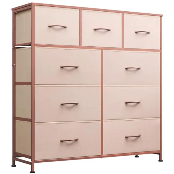 WLIVE 9-Drawer Dresser, Fabric Storage Tower for Bedroom, Hallway, Closet, Tall Chest Organizer Unit with Fabric Bins, Steel Frame, Wood Top, Easy Pull Handle, Pink and Rose Gold