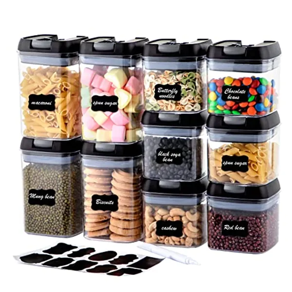 U-QE Airtight Food Storage Container Set-10 Piece BPA Free Clear Plastic Cereal Canisters with Easy Lock Lids-Kitchen & Pantry Organization Containers for Sugar, Flour, Cereal, Labels & Marker(Black)