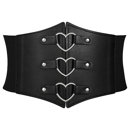 JKEEMI Women Corset Belt Metal O-Ring Heart-Ring Wide Elastic Waspie Waist Belt for Daily Cosplay Halloween Costumes - 40" fit waist: 38"-44" - Heart Black