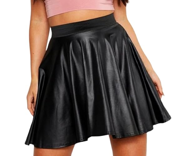 OgLuxe Women Ladies High Waist Faux Leather Wetlook PVC Flare Skater Mini Skirt Size 8-26 - 20-22 Plus - Black