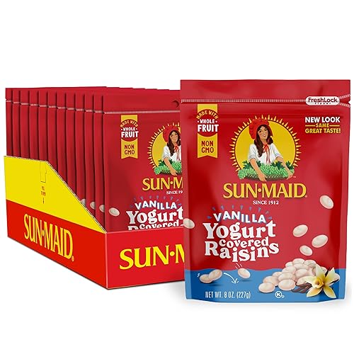 Sun-Maid Vanilla Yogurt Coated Raisins - (12 Pack) 8 oz Resealable Bag - Yogurt Covered Dried Fruit Snack for Lunches and Snacks - Vanilla - 8 Ounce (Pack Of 12)