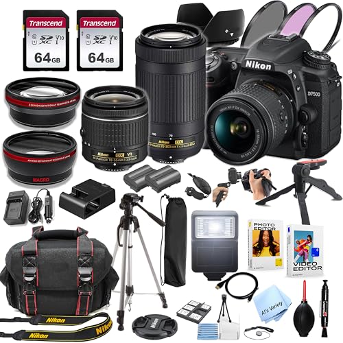 Nikon D7500 DSLR Camera Kit with 18-55mm VR & 70-300mm Lenses + 128GB Memory, Spare Battery, Filters,Case, Tripod, Flash, and More (44pc Bundle) (Renewed)