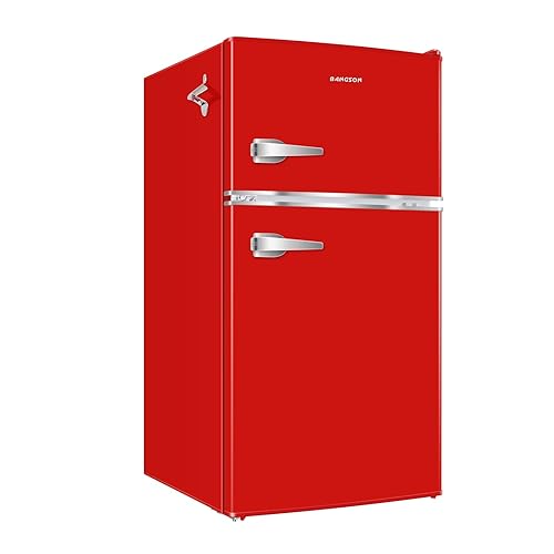 BANGSON Mini Fridge with Freezer, 3.2 CU.FT Small Refrigerator with Freezer, Door Handle, Bottle Opener, For Bedroom, Dorm, Office, Home, Garage or RV, (Red) - Red