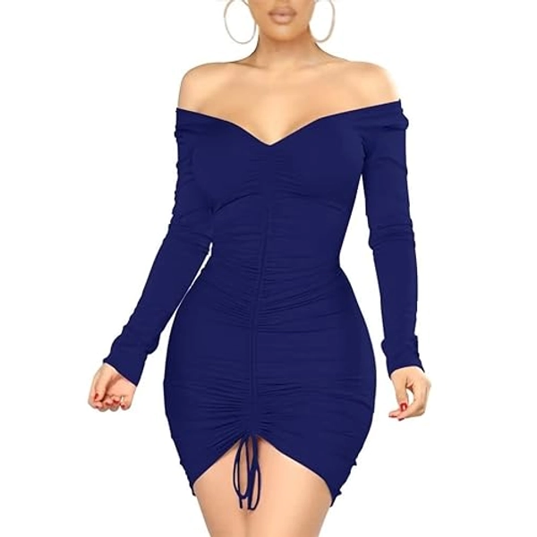 XXTAXN Women's Sexy Elegant Long Sleeve Off The Shoulder Ruched Mini Dress