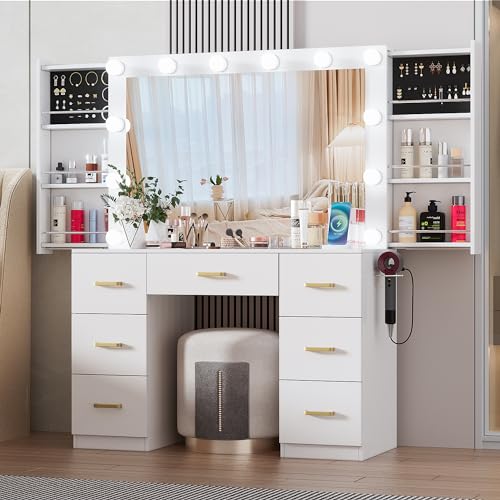 FURNJOYLIFE White Makeup Vanity Desk with Lighted Mirror & Power Outlet,3 Color Modes, Brightness Adjustable,Vanity Table with Drawer,Sliding 2 Storage Wall-Mounted Jewelry,4 Shelves for Bedroom - 15.7''D * 41.3''W * 57''H