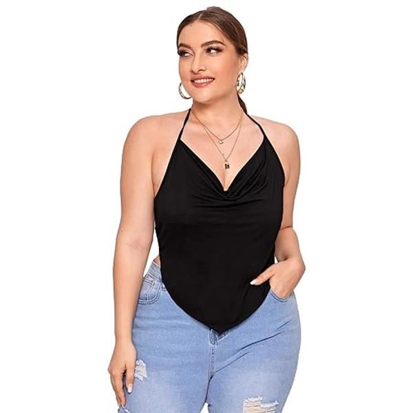 Floerns Women's Plus Size Cowl Neck Sleeveless Self Tie Crop Cami Bandana Top
