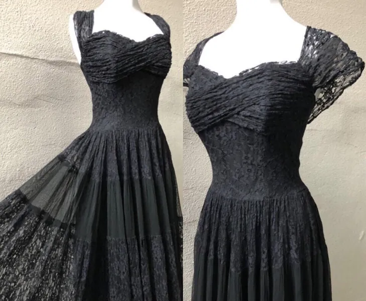 1940s 50s True Vintage Sheer Black Floral Lace Fitted Flared Corset Bustier Long Dress Gown 40s 1950s Size S M Vintage Evening Rayon AS~IS