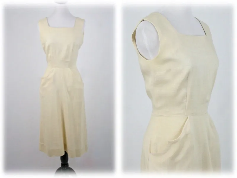 1950s Dress Cream Rayon Linen Look Pockets Handmade Wiggle Dress