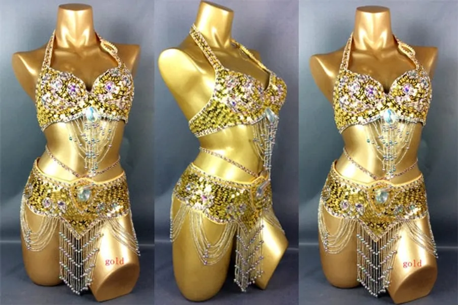FREE SHIPPING Hand Beaded Belly Dance Samba Costume Gold Purple bra belt 2pcs