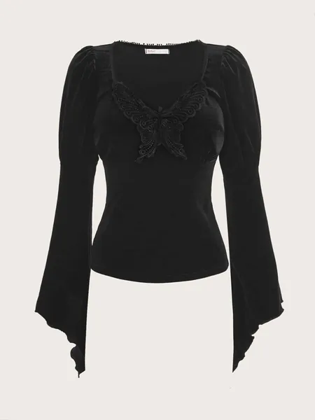 ROMWE Butterfly Patched Flounce Sleeve Tee