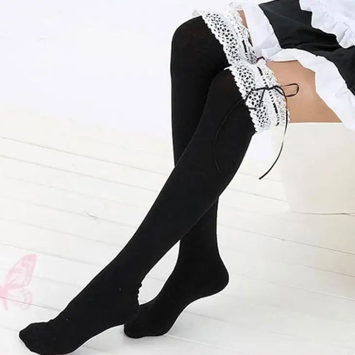 Sexy Thigh High Stockings Inspired by Lolita and Victorian Fashion - Black and White