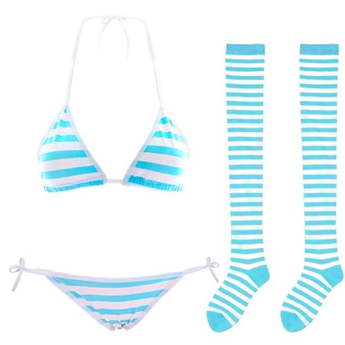 Cute Sexy Anime Lingerie Bra and Panty Set Lolita Cosplay Micro Underwear Suit Kawaii for Women - Blue + Stripe High Socks