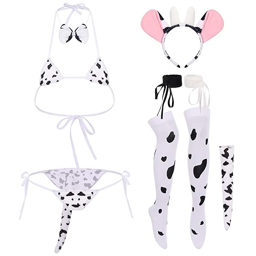 FYMNSI Women Sexy Milk Cow Lingerie Set Anime Maid Cosplay Costume Mini Bikini Bra Bodysuit with Bell Choker Stockings Outfit - One Size - Cow Bikini Set