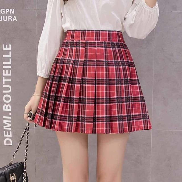 Tartan Plaid School Girl Skirt - Red / M