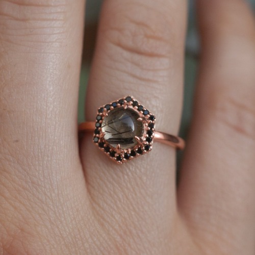 Anine Black Rutile Quartz Cabochon Halo Ring by Capucinne Blue - Rose Gold Vermeil / 7 3/4
