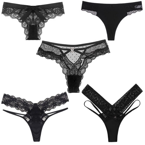 Sexy Black Thong Underwear | Variety 5 Pack | Lace Panties | Women's Underwear | Panties for Women | Lingerie for Women - Black Small