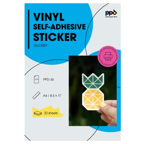 PPD A4 x 20 Films Autocollants Personnalisables, Fini Brillant, Revêtement Microporeux pour Impression Photo, Jet d'Encre, Stickers Premium PPD-36-20