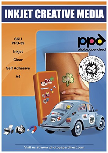 PPD A4 x 10 Autocollants Transparents, Imprimables Jet d'Encre, Qualité Photo, 10 Feuilles Vitrophanie, Stickers Fenêtres Personnalisables PPD-39-10 - Transparent Sticker