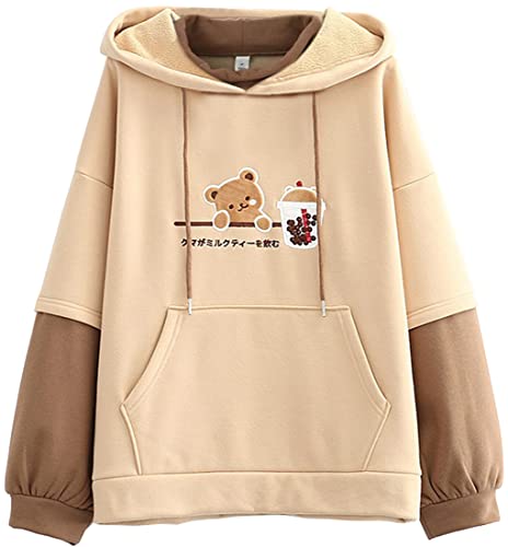 YINGKE Femme Mignon Ours Brodé Sweat à Capuche Fille Kawaii Sweatshirt Casual Pull Adolescent Harajuku Streetwear Automne Hiver - XL - Z Beige
