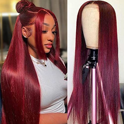 UNANCY 99J Burgundy Lace Front Wigs Human Hair Pre PluckedHairline Glueless 180% Density 13×4 HD Transparent Wigs Human Hair with Baby Hair Wine Red Colored (26 inch, 99j) - 26 Inch - 99j Straight Wig