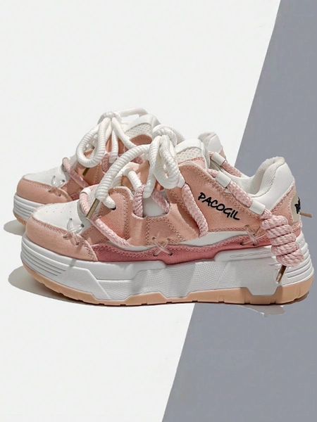 Zapatillas De Deporte De Moda Casual Para Mujer De Primavera Y Otoño, Estilo De Calle Deportivo Cómodo De Bajo Corte Con Punta Redonda Y Cordones