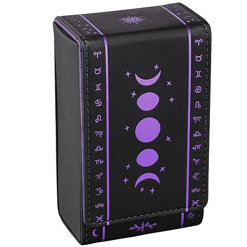 BWTY Best wishes to you Tarot Cards Holder, Leather Tarot Card Case/Box, Suitable for Standard Size Tarot Cards (2.75in x 4.75in)-Moon Phase Design (Purple) - Purple