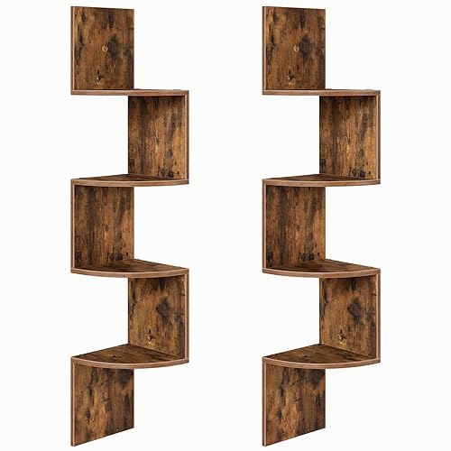 HOOBRO Corner Shelf Wall-Mounted, Set of 2 Floating Corner Shelves, 4-Tier Corner Bookshelves for Wall Decor in Living Room, Bedroom, Bathroom, Home Office, Rustic Brown BF25BJP201 - Rustic Brown