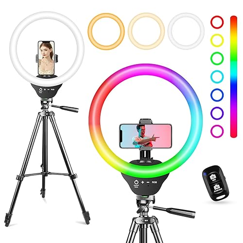 Sensyne 10'' RGB Ring Light with 50'' Extendable Tripod Stand, Circle Lights with Phone Holder for Live Stream/Makeup/YouTube Video/TikTok, Compatible with All Phones - 10-inch - RGB