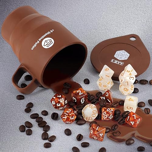 DND Coffee & Sugar Themed Dice Set (14 PCS) with +3 Stamina Potion Silicone Mug for Storage, 7 Acrylic Resin Polyhedral Gaming Dice for Dungeons and Dragons, Pathfinder and Tabletop RPG - Coffee & Sugar