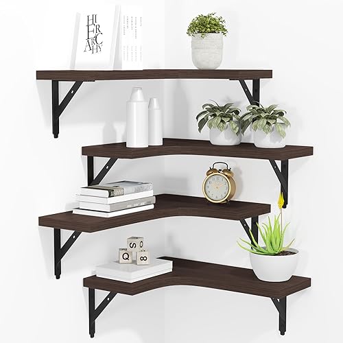 ROMGUAR CRAFT Corner Floating Shelves Wall Mounted Set of 4, Rustic Wood Storage Display Wall Shelves for Home Decor, Bathroom, Kitchen, Bedroom, Living Room, Office (Brown) - Brown