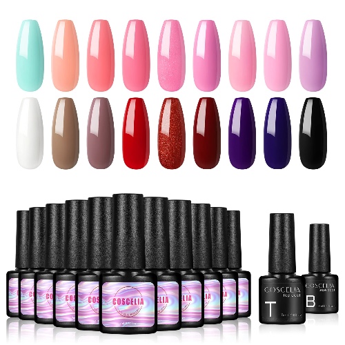 Coscelia Nail Gel Polish Set 18 Pcs Soak Off Nail Polish Set Red Pink Blu Colors Series Nail Polish U V Led Gel Polish with Base Coat and Glossy Top Coat for Women