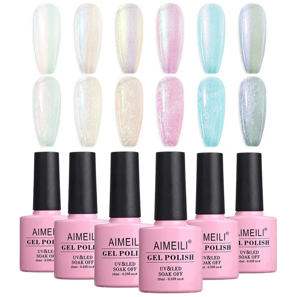 AIMEILI Pearl Gel Nail Polish, Shimmer Mermaid Nail Gel Soak Off U V Gel Polish Set Of 6pcs X 10ml - Kit Set 42