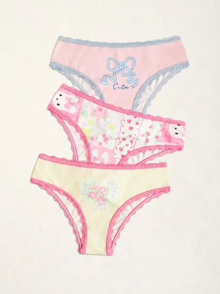 ROMWE Kawaii 3pack Cartoon & Floral Graphic Contrast Lace Panty Set