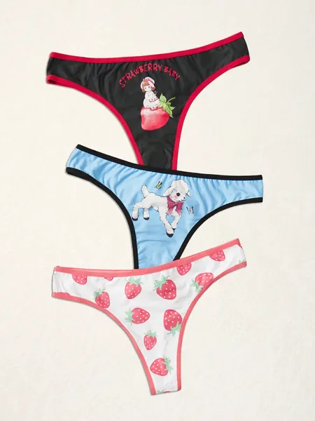 ROMWE Kawaii 3pack Strawberry & Cartoon Graphic Contrast Binding Thong Set