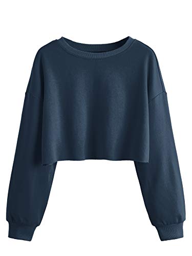 SweatyRocks Women's Casual Long Sleeve Raw Hem Pullover Crop Tops Sweatshirts - Medium - Navy Blue