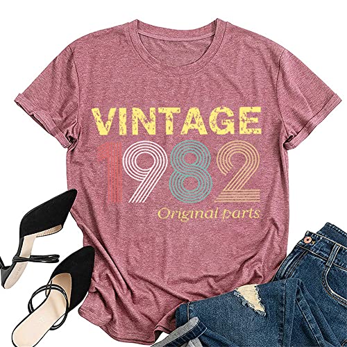 Women Vintage 1982 Original Parts Shirts 40th Birthday Gift Tees Tops Summer Short Sleeve Retro Birthday Shirt - M - Rose Gold