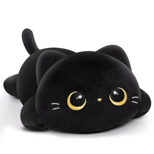 Mewaii Cute Cat Plush Pillow, Kawaii Plushies Black Cat Stuffed Animals, Squishy Plushies, Cuddle Plush Pillow for Boys & Girls - Black Cat