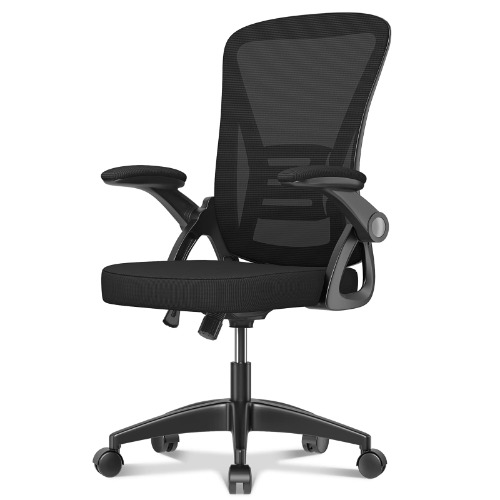 naspaluro Ergonomic Office Chair with Lumbar Support, Mesh Office Chair with Thick Seat Cushion, Mid-Back Desk Chair with Flip-Up Arms, Swivel Rolling Computer Chair Adjustable Height for Home/Office - Dark Black Dark Black without headrest