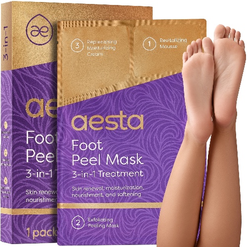 Aesta 3-in-1 Foot Peel Mask, Full-Cycle Foot Care: Revitalizing Mousse + Feet Peeling Mask + Moisturizing Cream | All-Natural Foot Peel Mask for Dry Cracked Feet | Baby Feet Foot Peel Treatment Set - 2 Pack