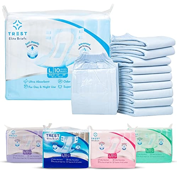 TREST Elite Briefs for Men and Women, Overnight Diapers for Incontinence, Elite Absorbency, Comfortable, Odor Neutralizing and Secure Fit with 2 Wide Tabs - Blue, Large (Pack of 10)