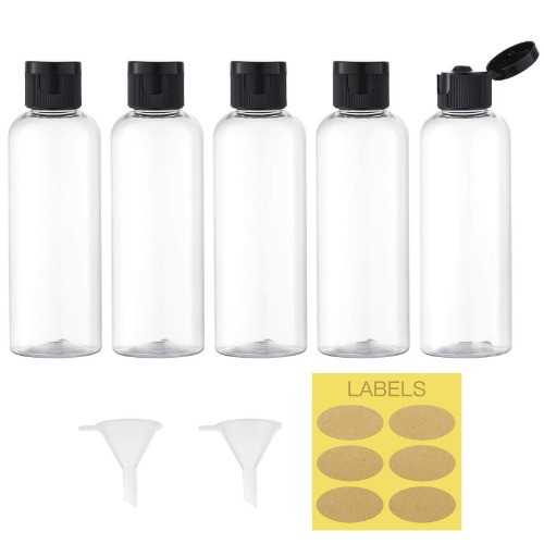 Toureal 100ML Reiseflaschen Set mit Flip Cap (5 Stück) Leere Spender Plastikflasche Set, Abfüllflaschen für Kosmetik mit Trichter (Transparent) - Transparent