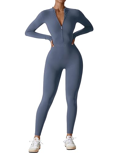 YEOREO Women Long Sleeve Workout Jumpsuit Zip Up Romper Bottom Pants Bodysuit Bodycon Sexy One Piece - Small - Navy
