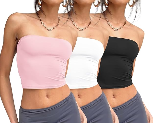 Trendy Queen Womens 3 Pack Tube Tops Crop Tops Going Out Strapless Basic Backless Bandeau Bra Summer Outfits 2024 - Black,white,pink - Small
