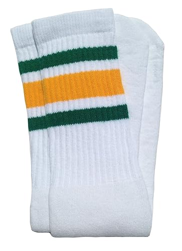 SKATERSOCKS Skater Socks 25" Knee High Tube Socks - White/Green-gold Stripes Style 3