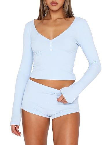 REVETRO Fall Womens 2 Piece Pajama Sets Sexy PJ Shorts Y2k V Neck Long Sleeve Lounge Set Sleepwear with Button Down - Small - Blue